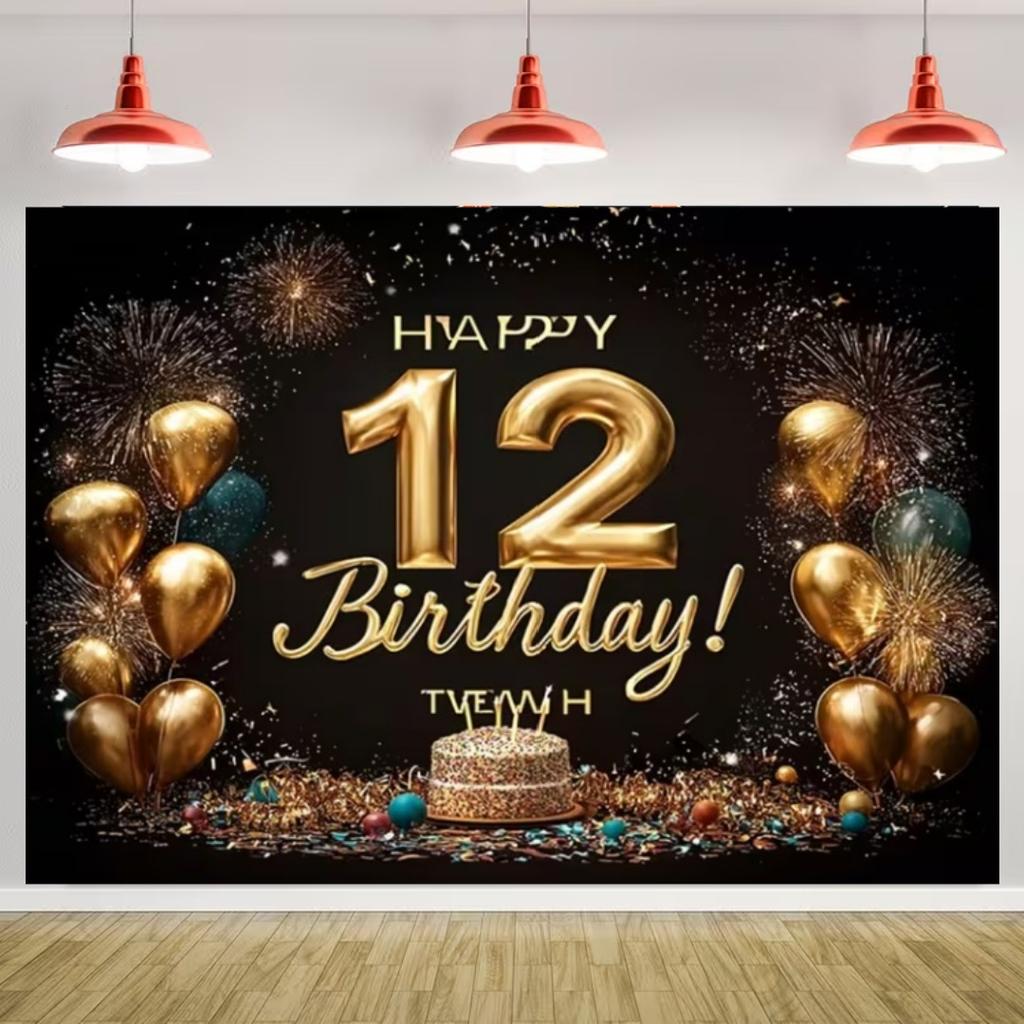 Happy 12th Birthday Banner Black Gold Balloon Background Party Decoration Boys Girls Birthday  Photography Backdrop Kids Gifts