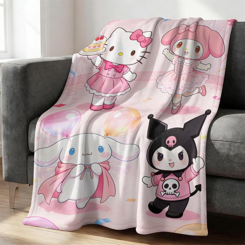 Sanrio Birthday Flannel Blanket Soft Cozy Plush Throw Kawaii Hello Kitty Sofa Bed Cover Office Nap Shawl Travel Camping Blanket