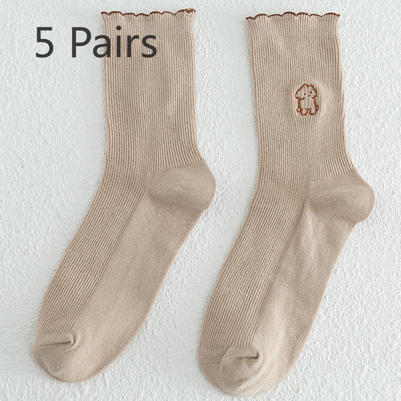 

5 пар женских осенне-зимних кружевных носков Preppy с милым рисунком из мультфильма и деревянными ушками, хлопчатобумажных носков-трубочек 5 Pairs бежевый