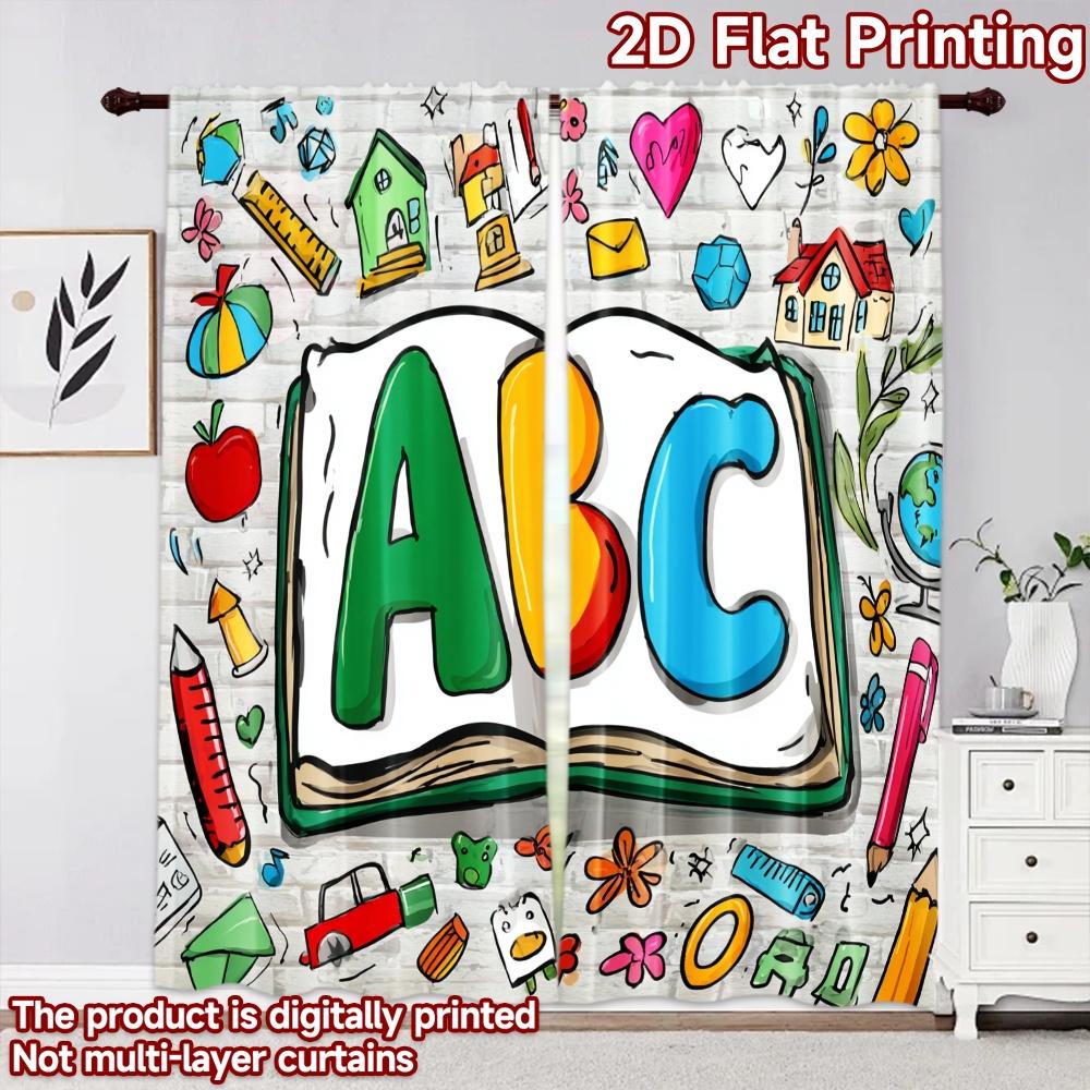 2D flat printing 2pcs Curtain Party Curtain School Learning ABC Digital Printed Polyester Drapes Festive Wall Decor for Indoor