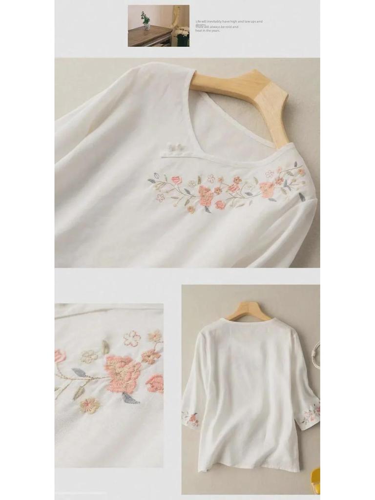 Autumn 2022 Women's Cotton-Linen Literary Style Three-Quarter Sleeve Loose Fit T-Shirt