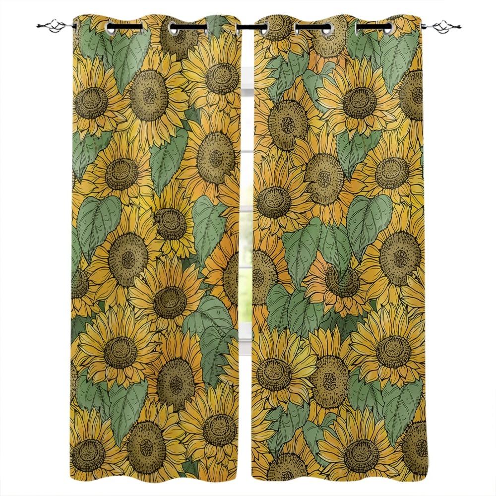 Sunflowers Pattern Design Vintage Beige Print Kitchen Curtain Window Treatment Living Interior Room Office Decor Drape for Kids Home Rest Room