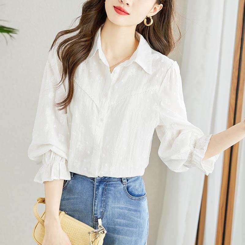 Apricot Embroidered Blouse Womens Long-sleeved Spring Clothes Updated Comfortable Fit Top Age-reducing Cotton White Blouse