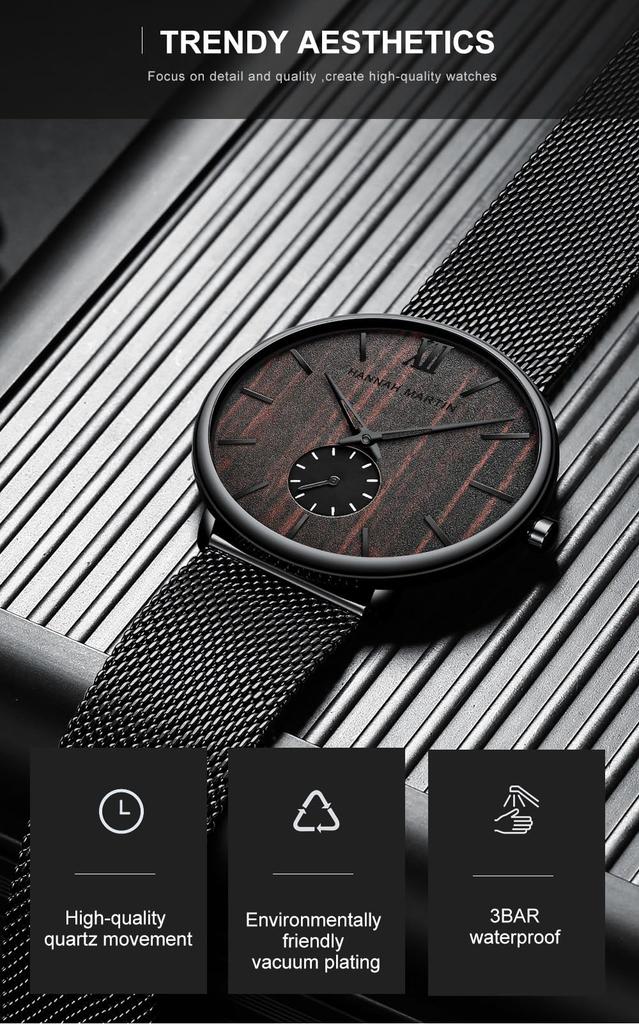 Hannah Martin Men's Watch Black Ultra-Thin Watch Men's Fashion Waterproof Dress Stainless Steel Band (Walnut) [Parallel Import]