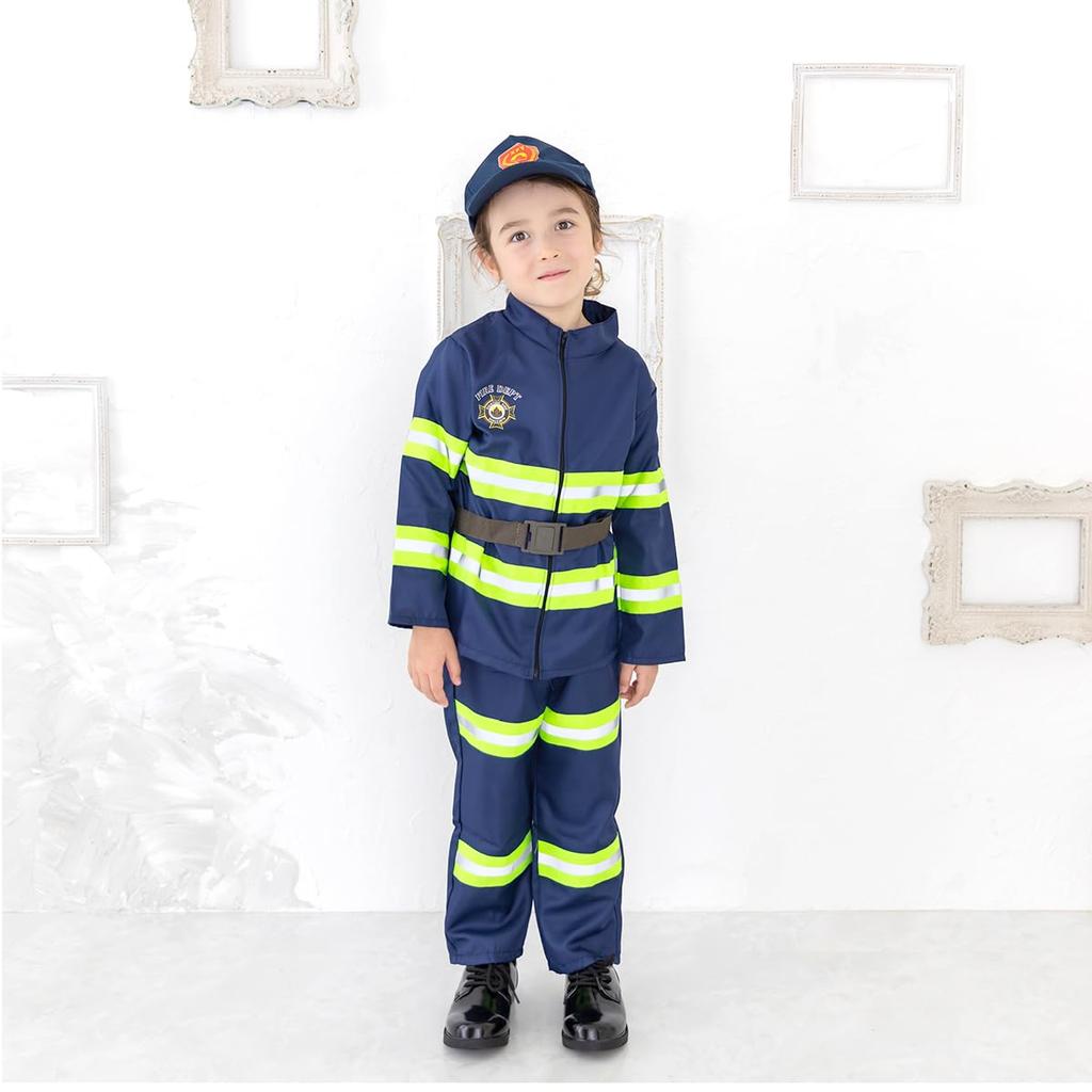 [monoii] Halloween Cosplay Kids Firefighter Costume for Boys, Kids Firefighter Costume, Occupation Costume for Girls, Hat and Helmet Set, E0614