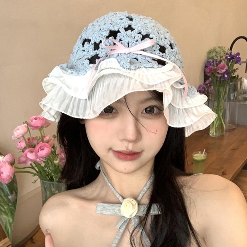 Summer Spring Crochet Bucket Hat Woman Commutes Camping Taking Photo Fisherman Hat with Pleated Trim for Girlfriend