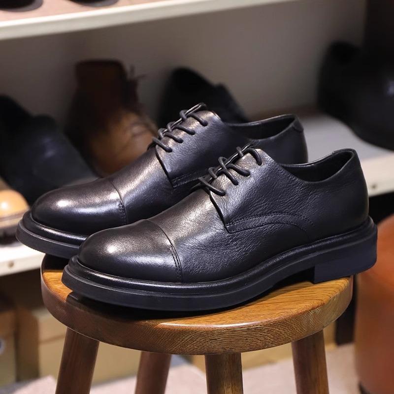 Leather Breathable Versatile Business Casual Leather Shoes Men'S Round Head Lace-Up Thick Sole Wear-Resistant Blue Dress Derby Shoes