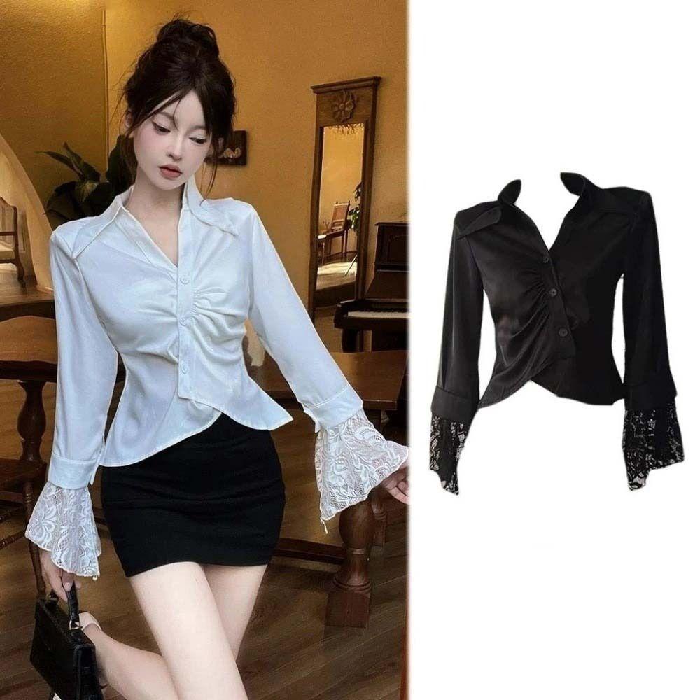 V-neck Lace Long Sleeve Shirts Lace Clothing Sleeves Slim Buttons Shirts  Girls Gift