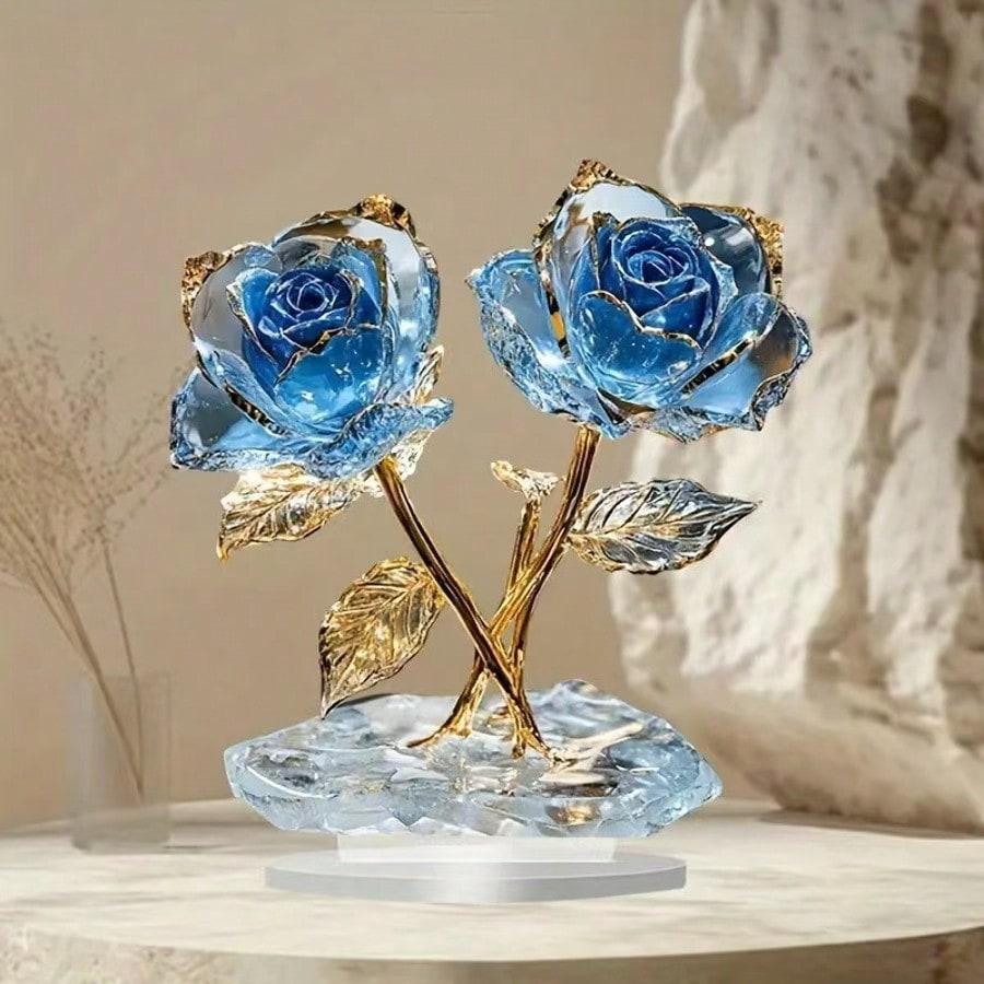 

Elegant Acrylic Crystal Blue Rose Decor, Gold Stem - Ideal Valentine s Day Gift, Perfect for Home, Office, Cafe Decoration one-size