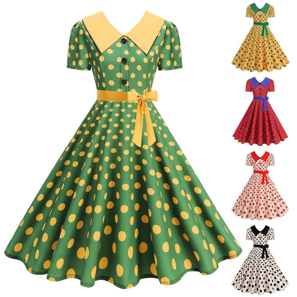 Damen Casual Polka Dot Print Kurzarm Midi Kleid mit Kragen - Leicht für den Sommer