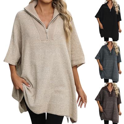 Women's Fashionable Solid Color Medium Length Knitted Sweater With Long Sleeves Zippered Lapel Sweater Top