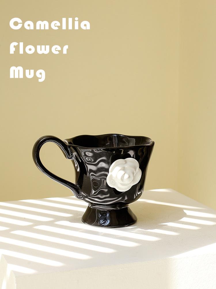 Camellia Embossed French Household Creative Breakfast Milk Cup, Ceramic Mug, Office Coffee Cup, Retro Mugs with Handle