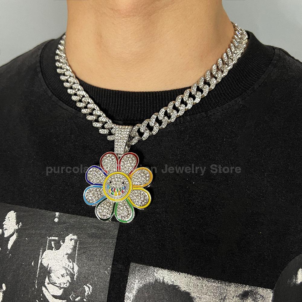 Shiny Cuban Chain Hip Hop Necklace for Men Women Colorful Sunflower Pendant Iced Out Full Rhinestones Accessories
