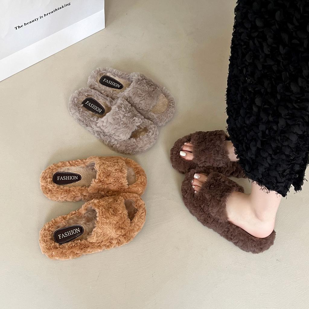 2025 Autumn Wool Slippers Women's Daily Adult Slippers Korean Version Student Flat Heel Beach Shoes Outer Slippers