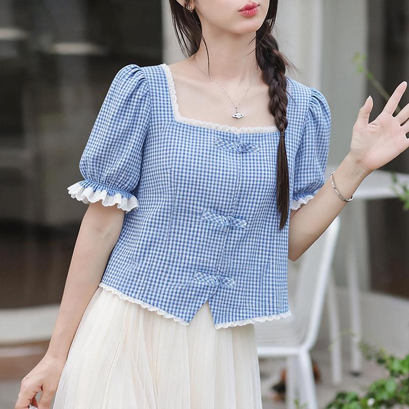 ZANZEA Women Casual Lace Splice Square Collar Short Sleeve Summer Grid Print Blouse S светло-синий