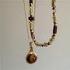 Vintage Leather Brown Stone Sun Pendant Beaded Choker Clavicle Chain Necklace For Women Unique Y2K Personalized Grunge Jewelry