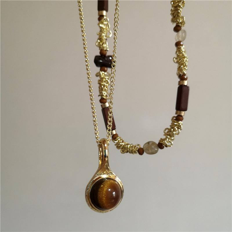 Vintage Leather Brown Stone Sun Pendant Beaded Choker Clavicle Chain Necklace For Women Unique Y2K Personalized Grunge Jewelry