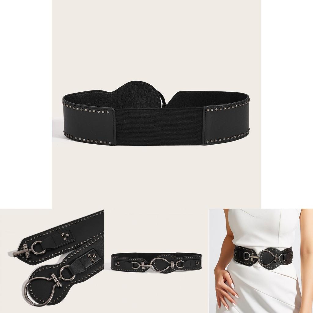Fashion Solid Color Large Circular Buckle And Rivet Design Wide Waistband For Women