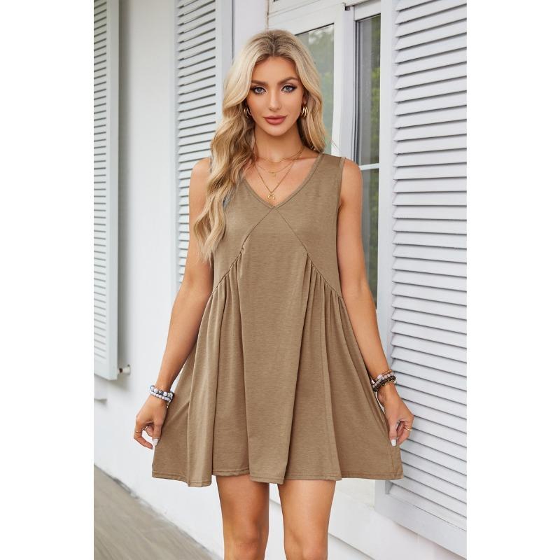 Summer Women's Dress V-Neck Sleeveless Pleated Vest Pocket Dresses
