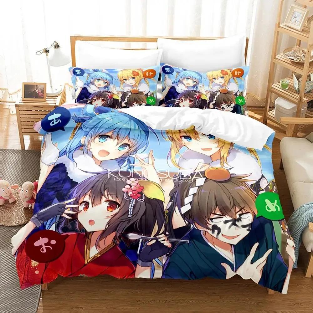 Set de lenjerie de pat Anime KonoSuba Băieți Fete Dimensiune Twin Queen Husă de plapumă Față de pernă Pat Copii Adulți Modă Textile de casă