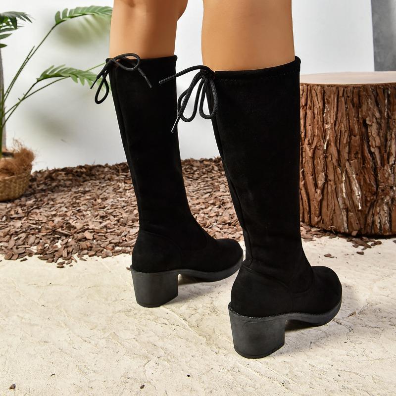 Nová móda Jednobarevné kozačky nad kolena Dámské štíhlé podzimní a zimní teplé kozačky Dámské černé dlouhé kozačky na nízkém podpatku