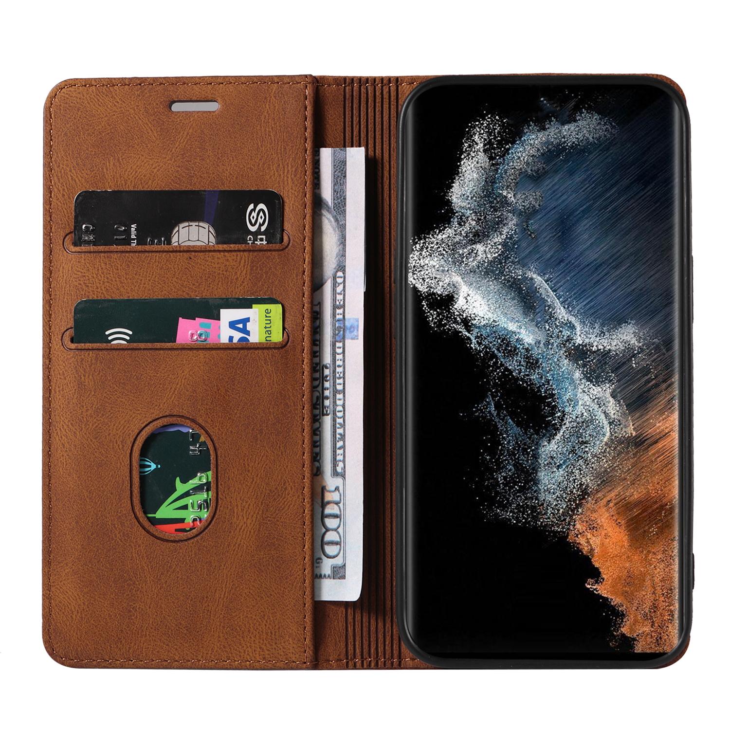 

For Samsung Galaxy S24 Ultra Leather Case Wristband Design Stand Phone Cover Brown