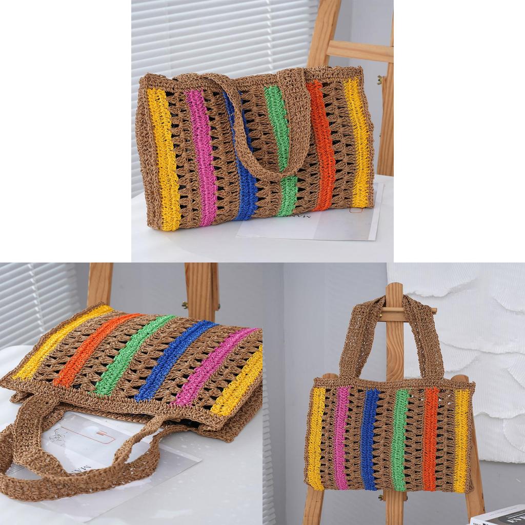 Cotton Rope Tote Bag With Openwork Stripes For Casual Daily Use