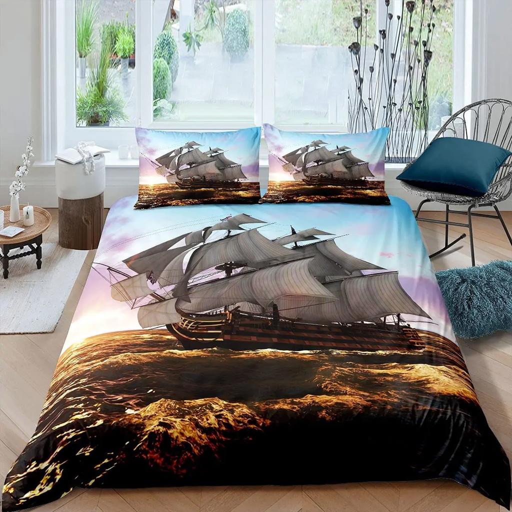 Nautyczny Statek Żaglowy Król Królowa Poszwa na Kołdrę Szary Piracki Statek Zestaw Pościeli Styl Retro Poszwa na Kołdrę Miękka Poliestrowa Poszwa na Kołdrę