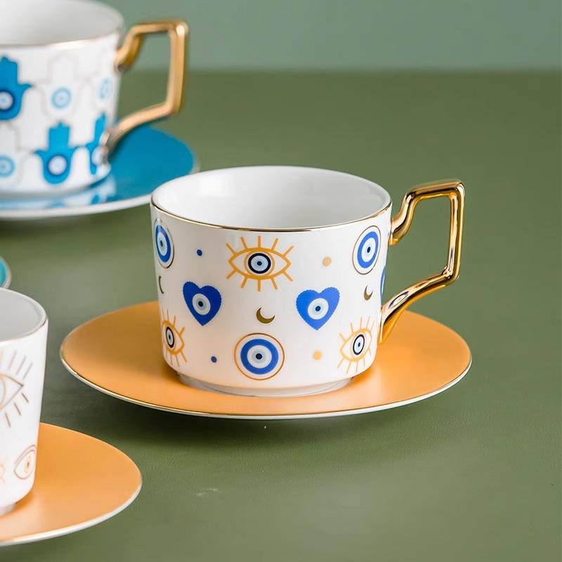 Juego de Taza de Café y Té de Cerámica con Platillo, Moda Europea Azul Ojo Maligno, 250ml, para Té de la Tarde en Casa