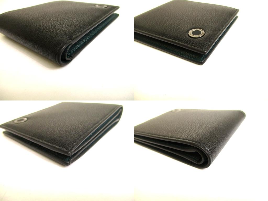 Authentic BVLGARI Black Emerald Green Leather Bifold Wallet Compact Wallet #a896  Refurbished