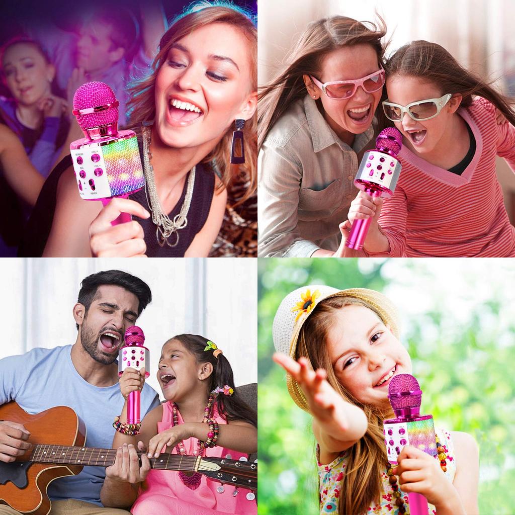 ShinePick Wireless Karaoke Microphone Bluetooth Recording Echo Accompaniment Music Playback LED Lights Compatible with Android iPhone