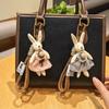 Cute Fabric Bunny Bag Charm, Handmade Plush Rabbit Keychain with Flower Dress & Braided Rope