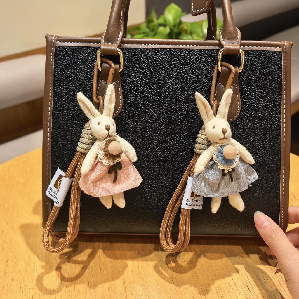 Cute Fabric Bunny Bag Charm, Handmade Plush Rabbit Keychain with Flower Dress & Braided Rope