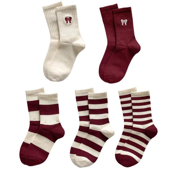1 Pair Mid-tube Socks Striped Print Bowknot Patten College Style Socks Elastic Warm Socks Versatile Footwear Accessory