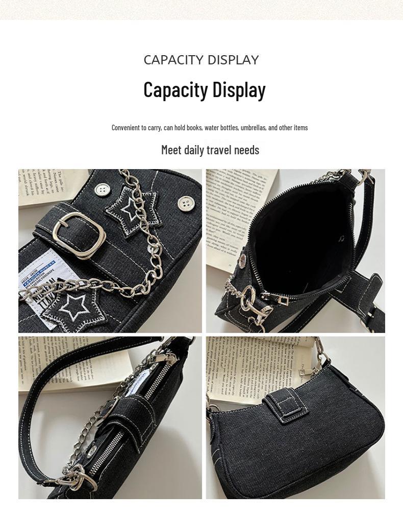 2024 Trendy Star Denim Underarm Retro American Poster Chain Shoulder Bag