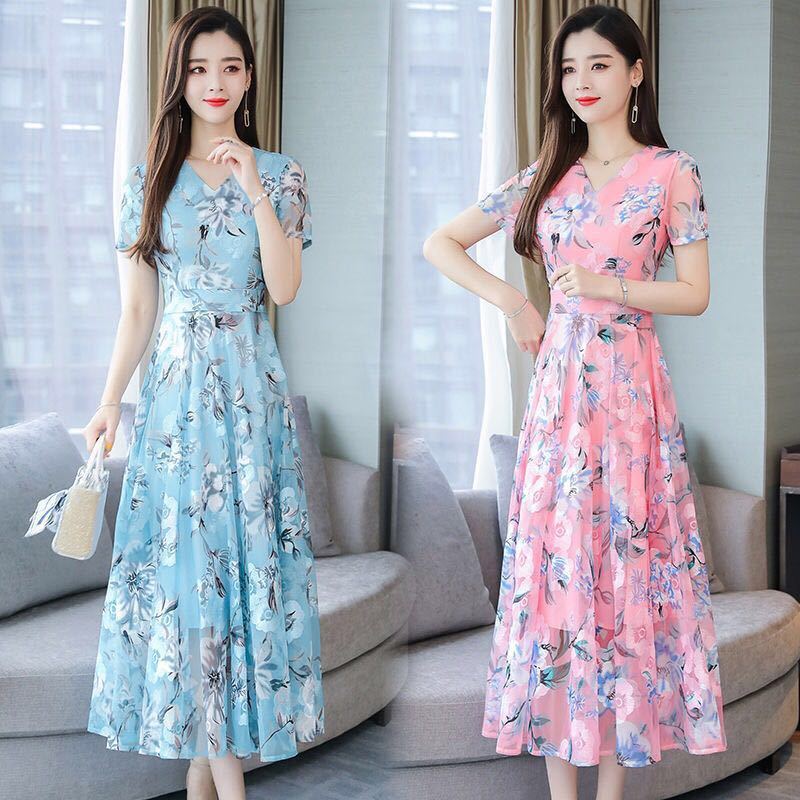 Women's Spring and Summer V-neck Plus Size Chiffon Print Dress Outdoor Thin Beach Dresses