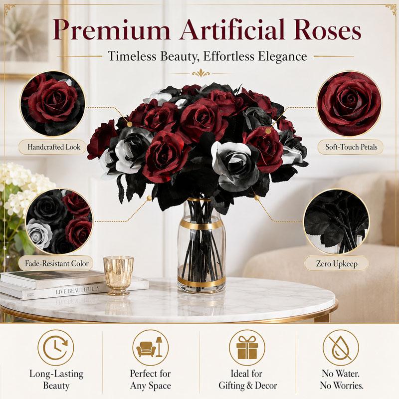 Black Artificial Roses Long Stem Fake Flowers with Leaves Home Decor for Halloween Valentine Weddings Party