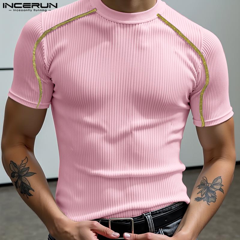 INCERUN Men Summer T-shirts Casual Short Sleeve Stitching Fitted Tops