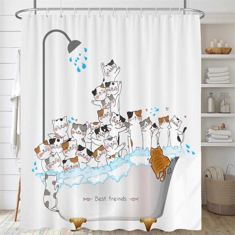 Cartoon Animal Shower Curtain Cute Cat and Dog Bath Curtain with Hooks, Waterproof Shower Curtain, Shower Curtains for Bathroom