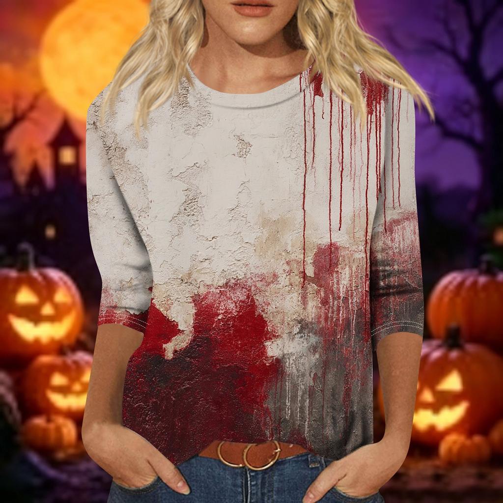 Women's Casual 3/4 Sleeve Crew Neck Top Halloween Themed Print Lightweight Pullover Blouse for Everyday Wear