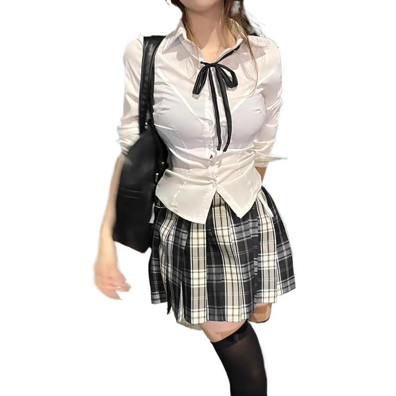Academy Style Plaid Skirt & Shirt Set: Women's Waist-Hugging Pleated Two-Piece