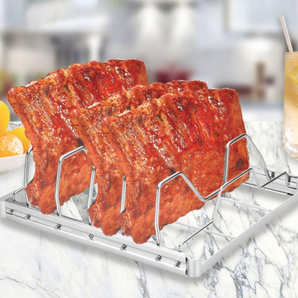 Foldable Barbecue Roasting Rack Rust-Resistant Grill Rack Stainless Steel Rib Rack  Easy To Store