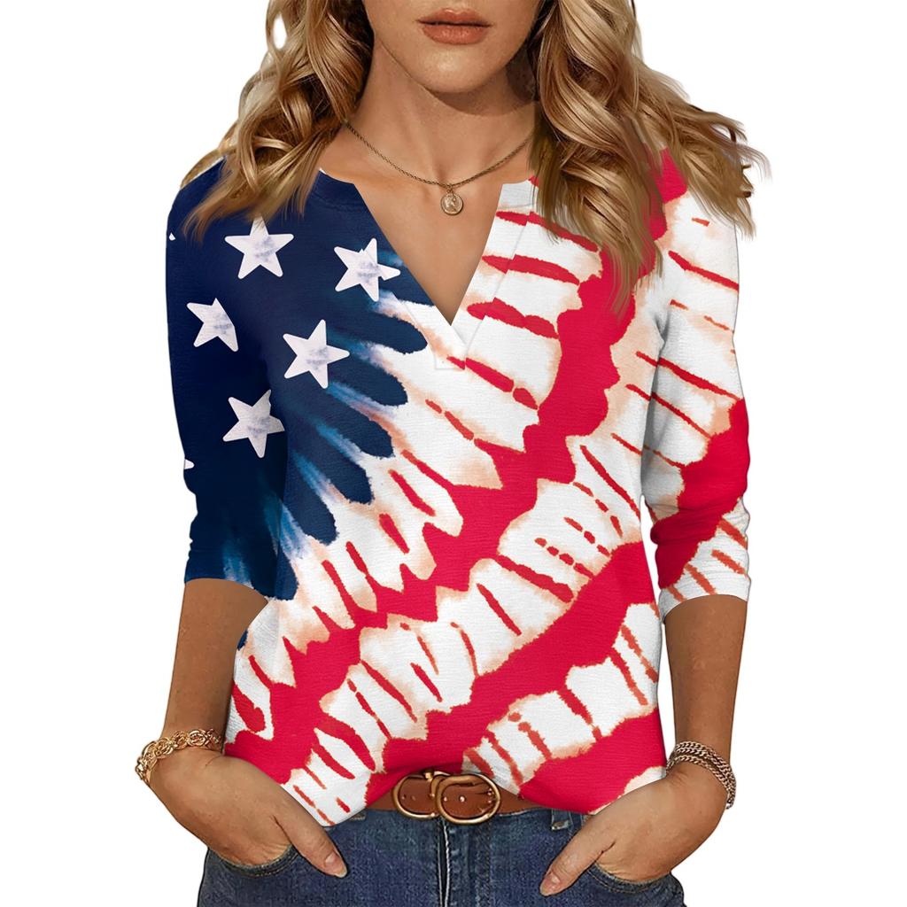 Women's Casual Fashion Sexy Comfortable V-Neck Independence Day Seven Sleeve Top