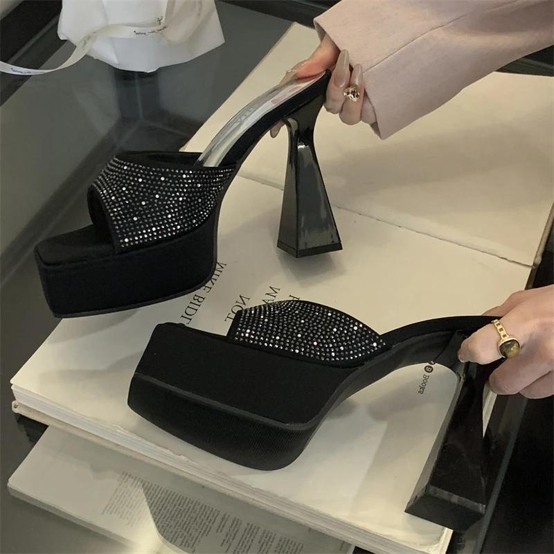 Eilyken Summer Square Toe Crystal Rhinestone Slippers Women Chunky Platform Heels Shoes Zapatos De Mujer