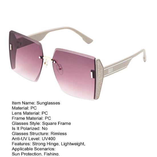 Women Sunglasses Rectangle Shape Frame Cool Style No Rim Smooth Anti-UV Block Sunlight Vacation Beach Spectacles Outdoor Eyewear