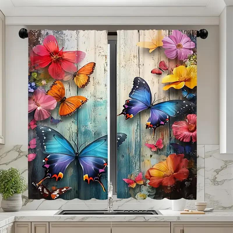 Set Of 2 Vivid Butterfly Flower Printed Curtains Pole Bag Bedroom Living Room Home Decoration Curtain For Great Made Polyester