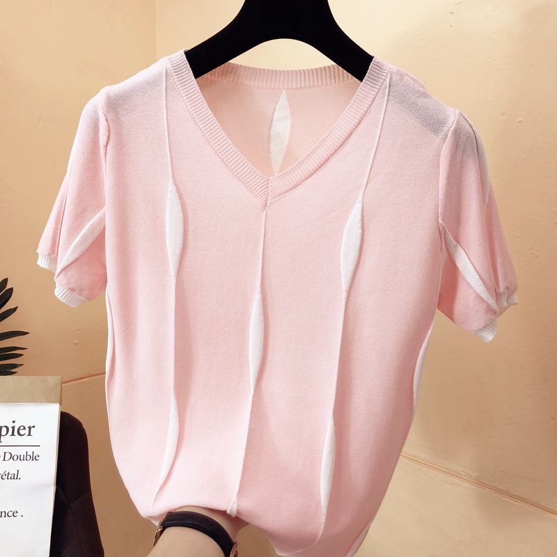 Women Spring Summer Ice Silk Pullovers Top Ladies Casual V-Neck Patchwork Short Sleeve Blouses Tops Plus Size
