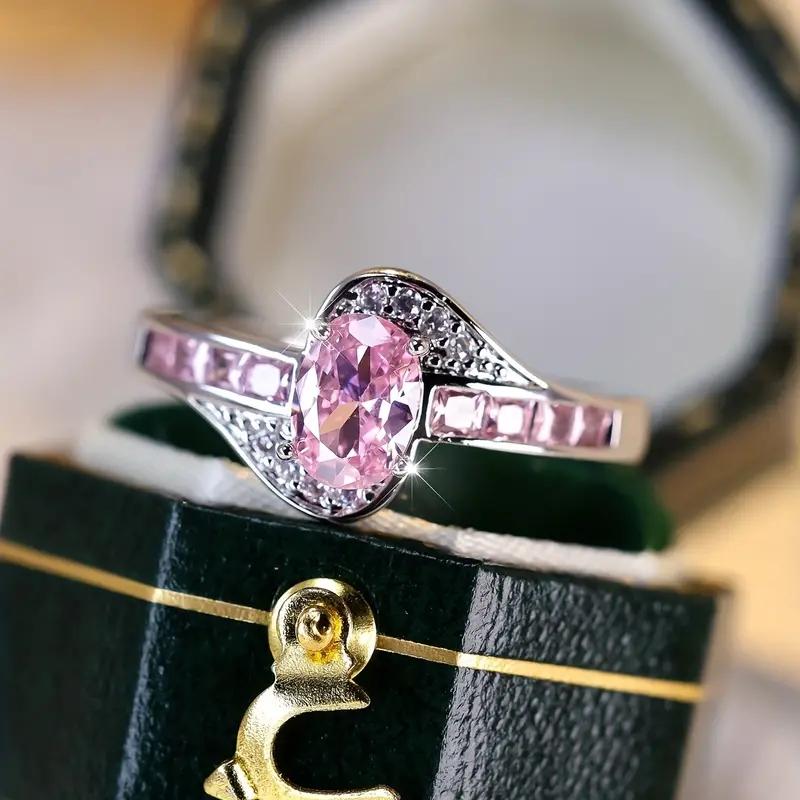 Vintage Female Oval Cut Pink Stone CZ Ring Silvery Color Engagement Ring Bride Wedding Rings for Women