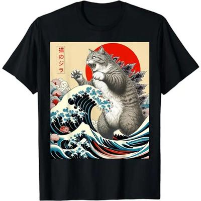 Catzilla Cat Japanese Art Funny Cat Gift for Men and Women High Quality Round Neck Short Sleeve Cotton T-shirt Top Short Sleeve