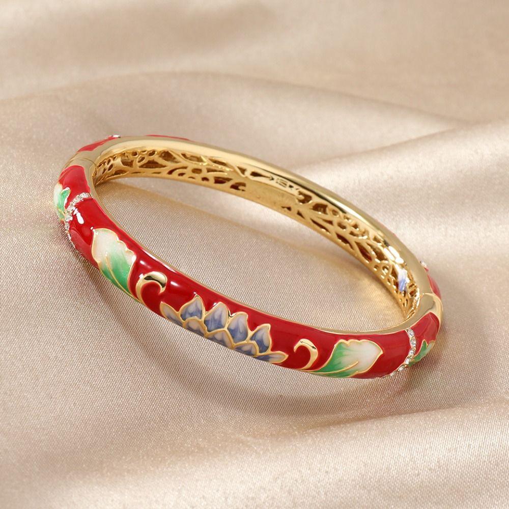 Traditional Peony Filigree Flower Bangle Open Cheongsam Bracelet Chinese Cloisonne Bracelet  Dinner